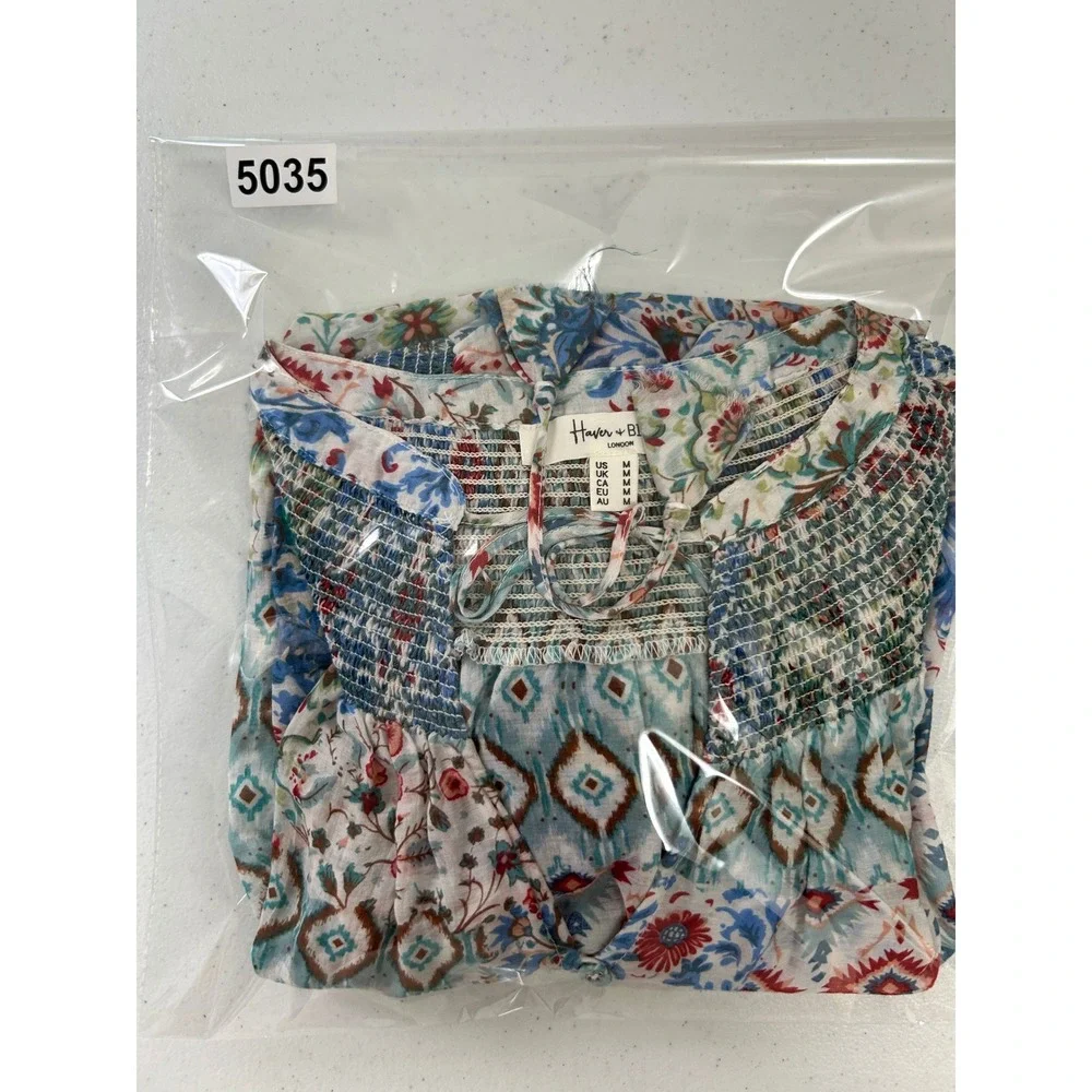 Haver & Blair London Womens Medium Patchwork Boho Smocked Button‎ Front Blouse